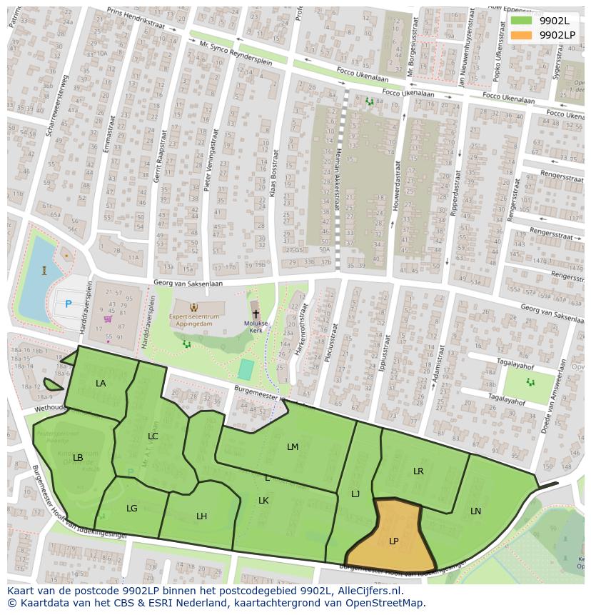 Afbeelding van het postcodegebied 9902 LP op de kaart.