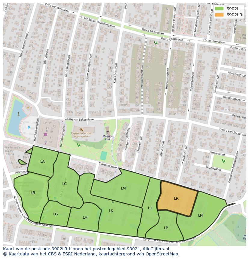 Afbeelding van het postcodegebied 9902 LR op de kaart.