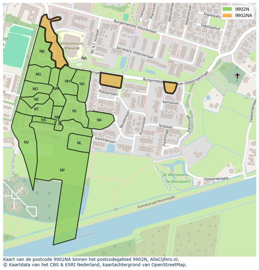 Afbeelding van het postcodegebied 9902 NA op de kaart.
