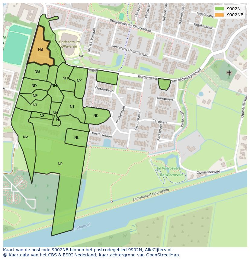 Afbeelding van het postcodegebied 9902 NB op de kaart.