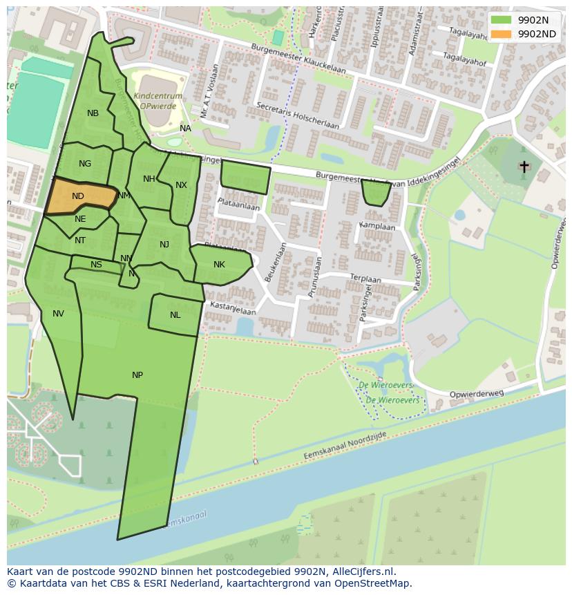 Afbeelding van het postcodegebied 9902 ND op de kaart.