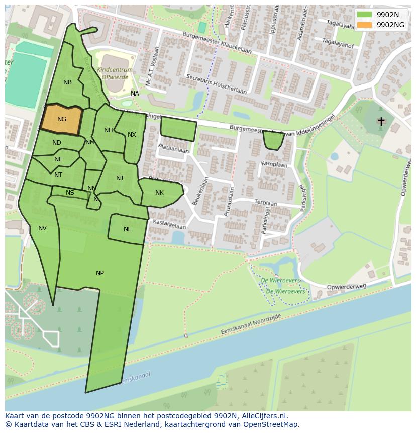 Afbeelding van het postcodegebied 9902 NG op de kaart.