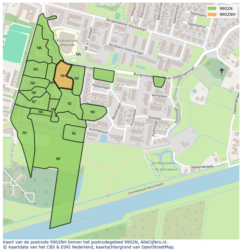 Afbeelding van het postcodegebied 9902 NH op de kaart.