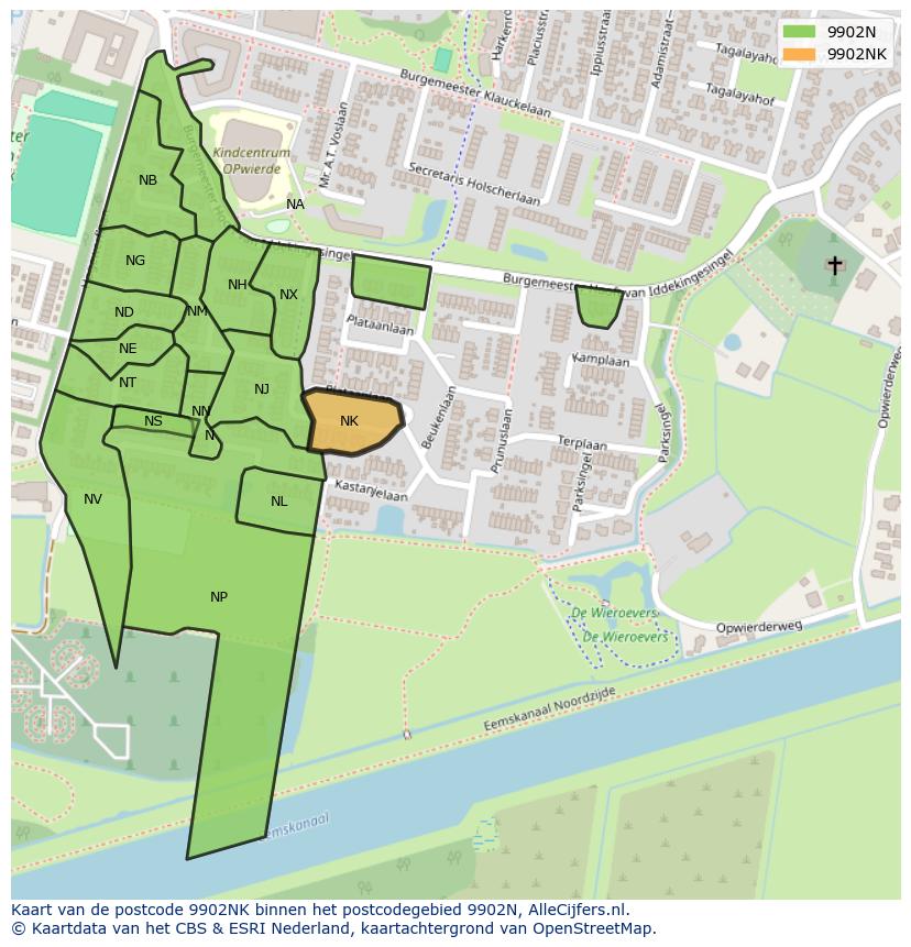 Afbeelding van het postcodegebied 9902 NK op de kaart.