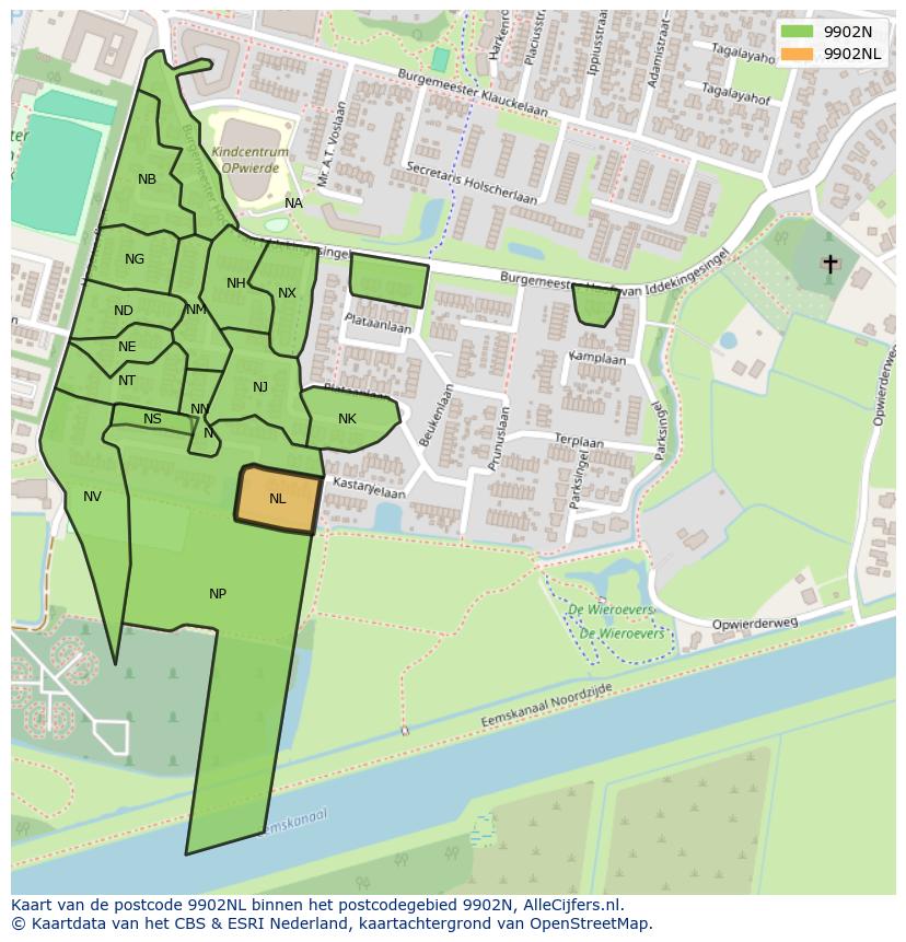 Afbeelding van het postcodegebied 9902 NL op de kaart.