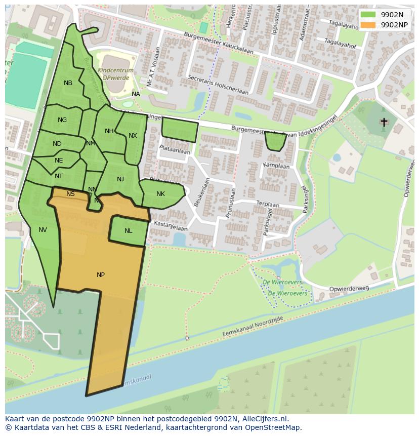 Afbeelding van het postcodegebied 9902 NP op de kaart.