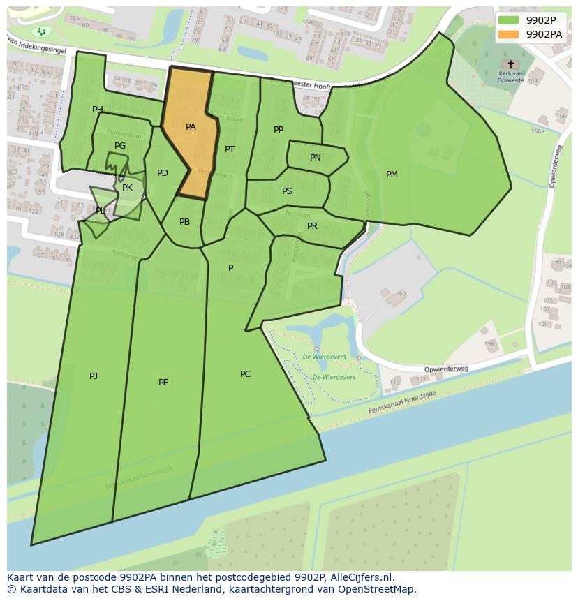 Afbeelding van het postcodegebied 9902 PA op de kaart.