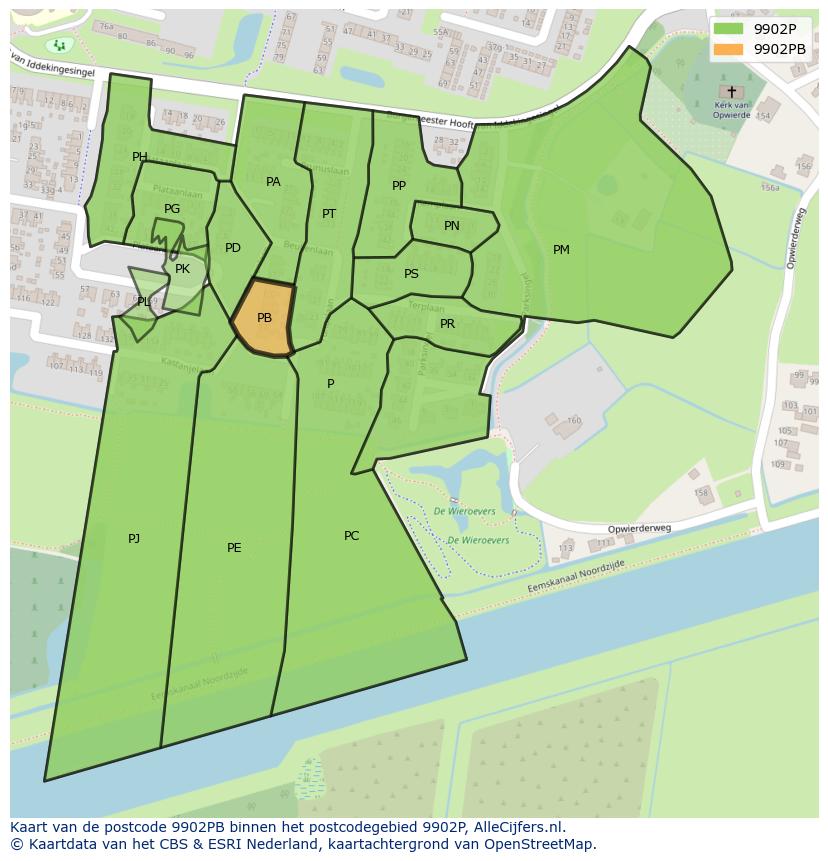 Afbeelding van het postcodegebied 9902 PB op de kaart.