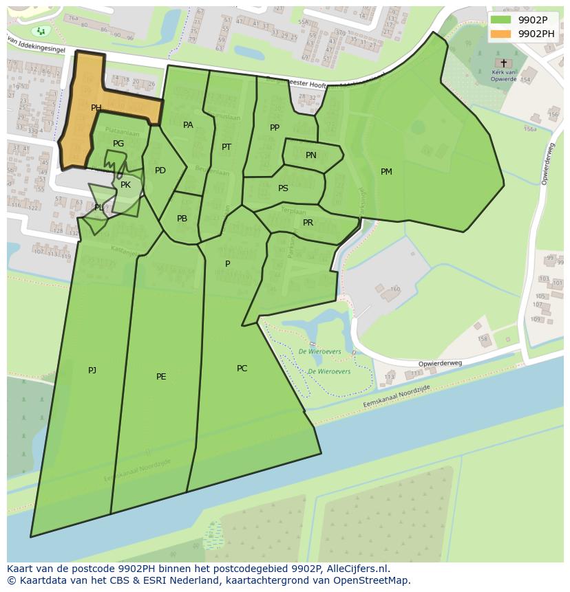 Afbeelding van het postcodegebied 9902 PH op de kaart.