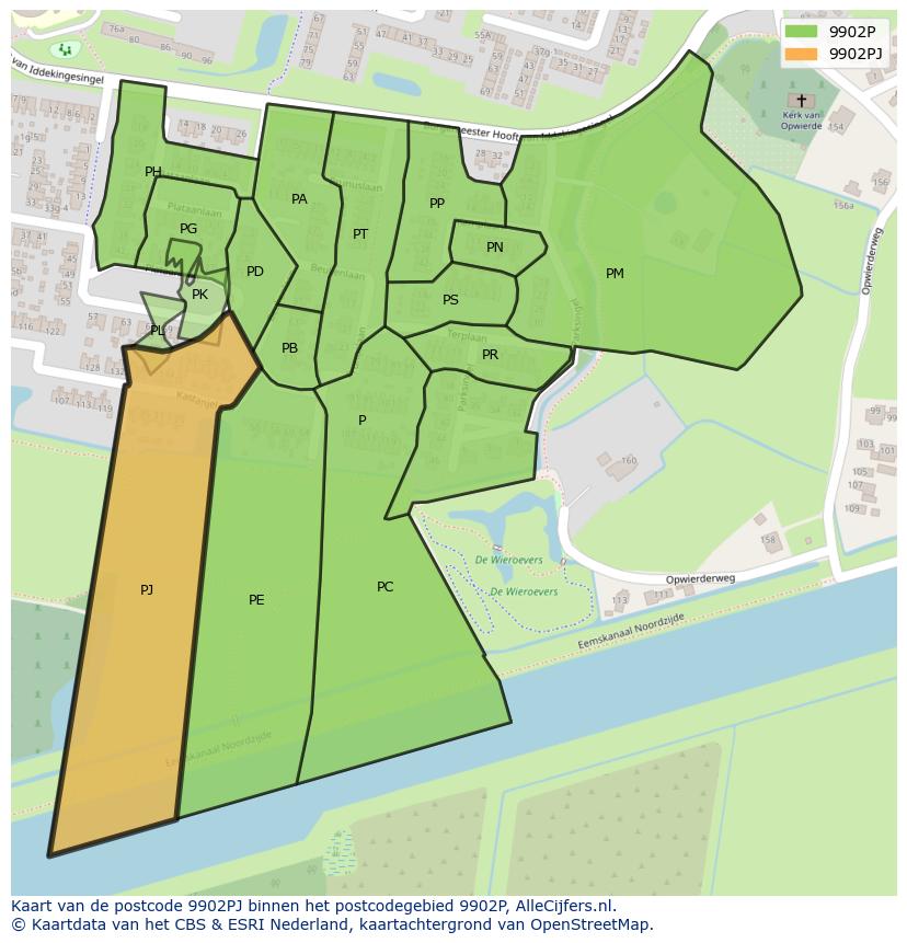 Afbeelding van het postcodegebied 9902 PJ op de kaart.