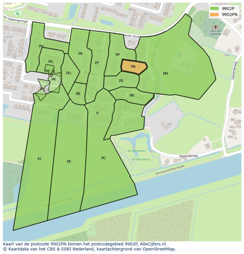 Afbeelding van het postcodegebied 9902 PN op de kaart.