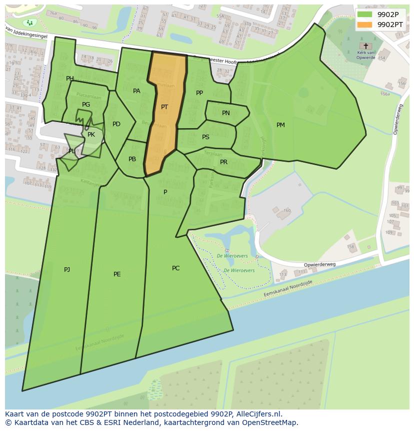 Afbeelding van het postcodegebied 9902 PT op de kaart.