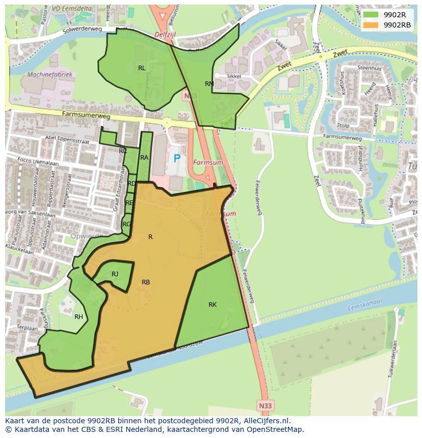 Afbeelding van het postcodegebied 9902 RB op de kaart.