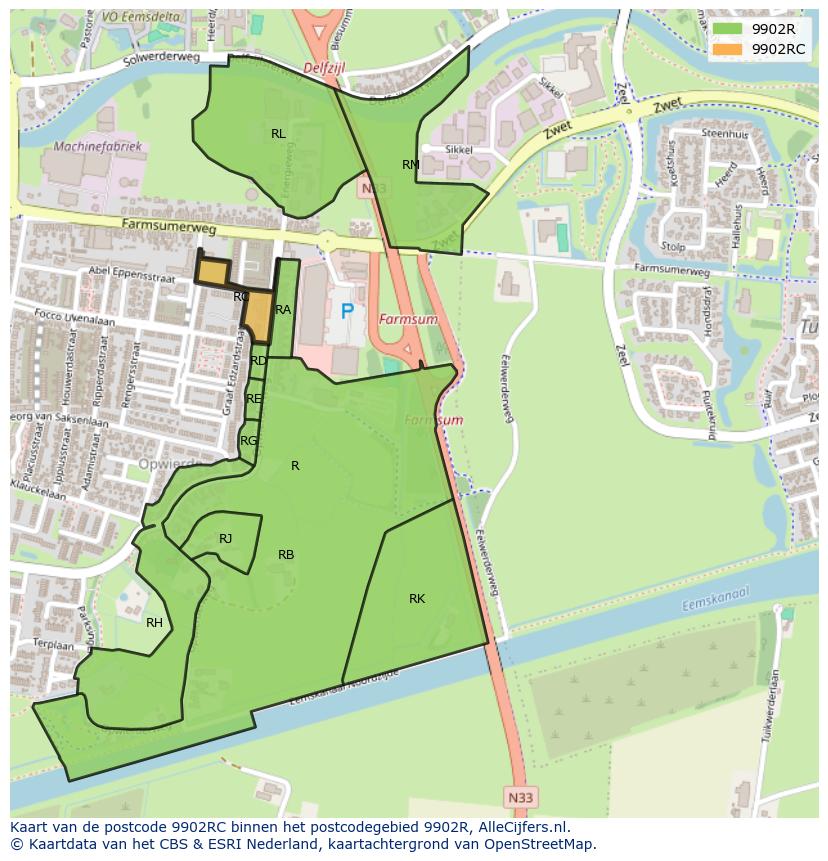 Afbeelding van het postcodegebied 9902 RC op de kaart.