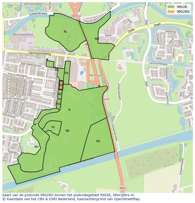 Afbeelding van het postcodegebied 9902 RD op de kaart.