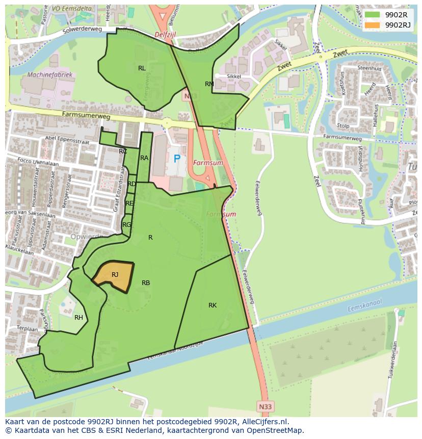 Afbeelding van het postcodegebied 9902 RJ op de kaart.