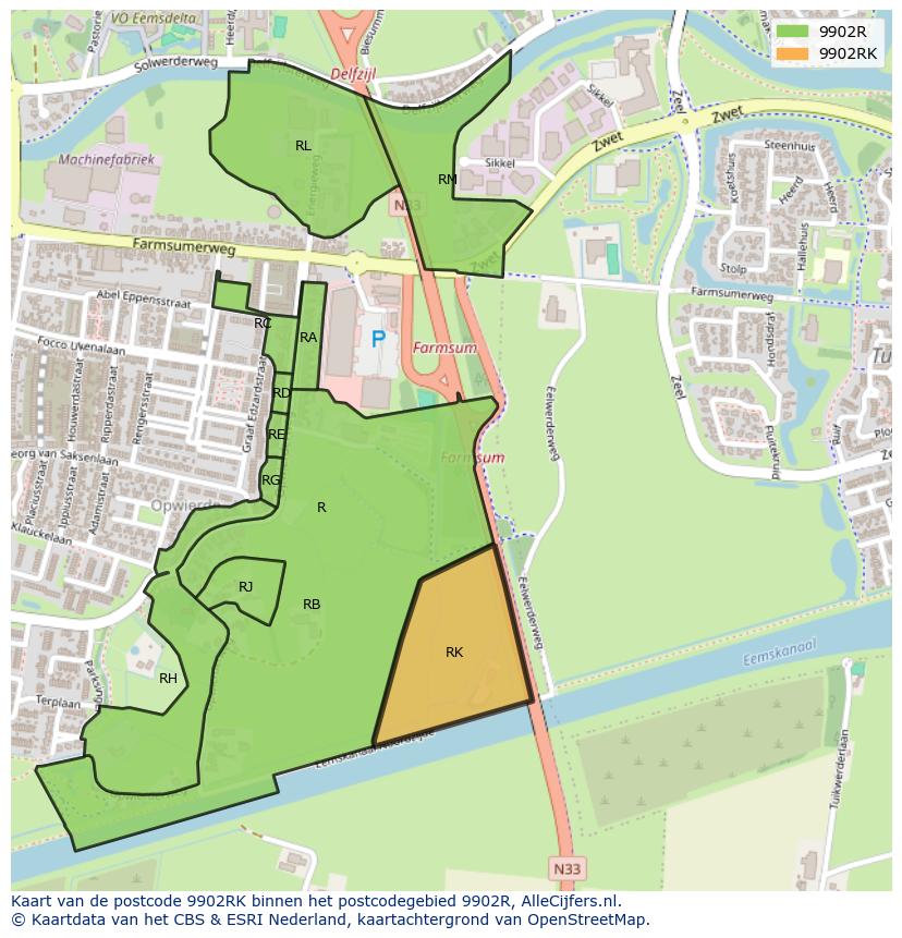 Afbeelding van het postcodegebied 9902 RK op de kaart.