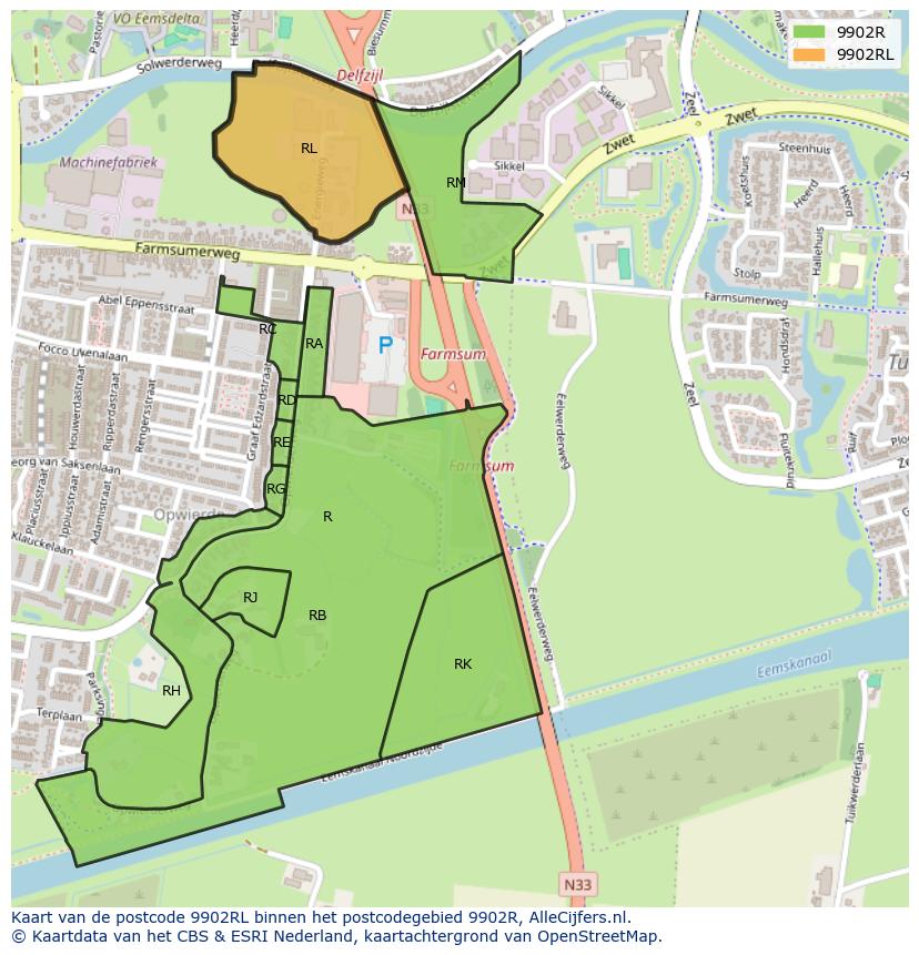 Afbeelding van het postcodegebied 9902 RL op de kaart.