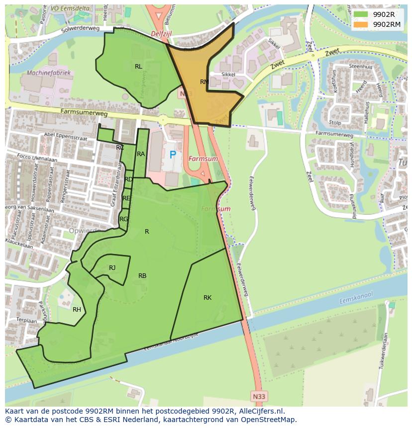 Afbeelding van het postcodegebied 9902 RM op de kaart.