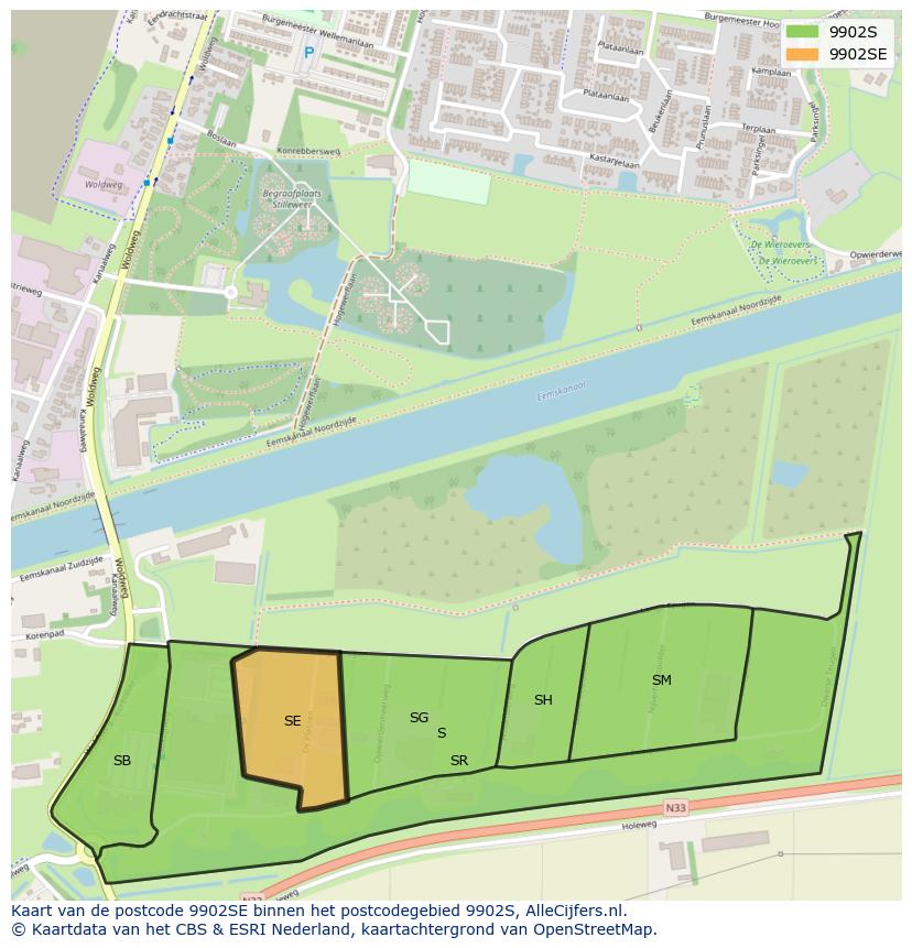 Afbeelding van het postcodegebied 9902 SE op de kaart.