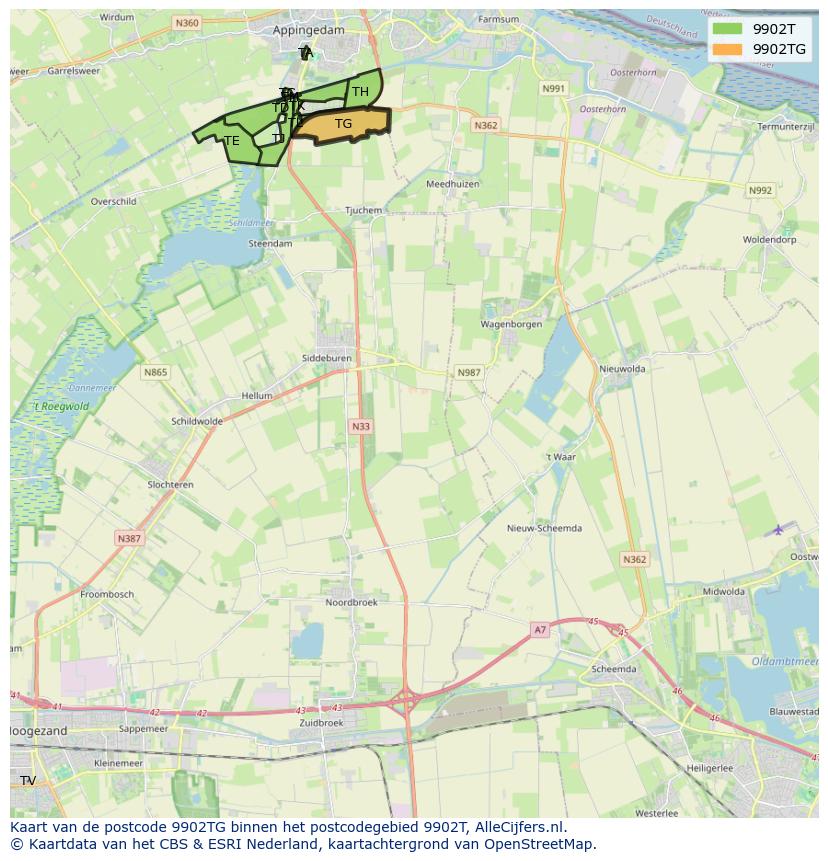 Afbeelding van het postcodegebied 9902 TG op de kaart.