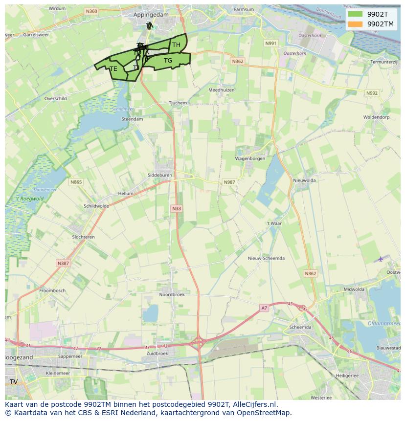 Afbeelding van het postcodegebied 9902 TM op de kaart.