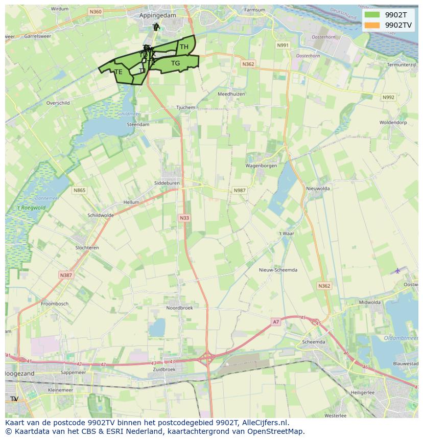 Afbeelding van het postcodegebied 9902 TV op de kaart.