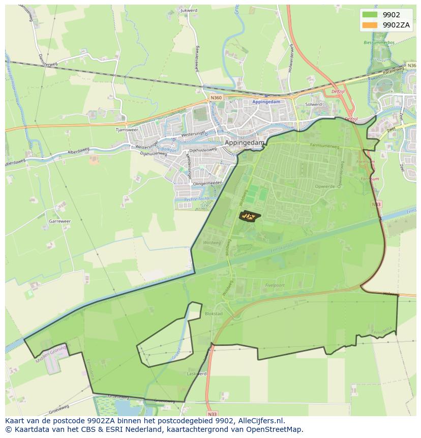 Afbeelding van het postcodegebied 9902 ZA op de kaart.