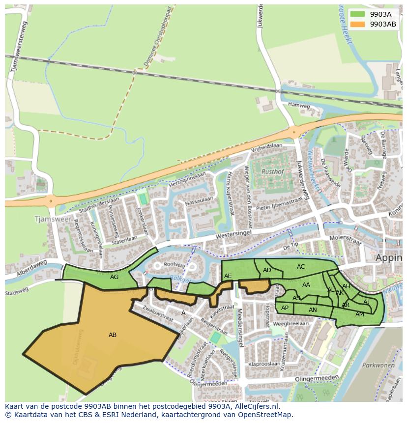 Afbeelding van het postcodegebied 9903 AB op de kaart.