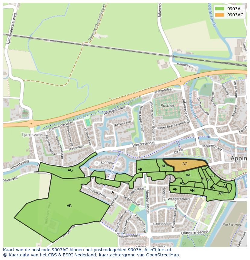 Afbeelding van het postcodegebied 9903 AC op de kaart.