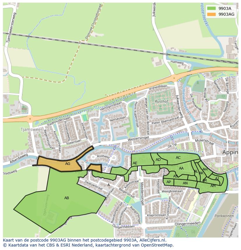 Afbeelding van het postcodegebied 9903 AG op de kaart.