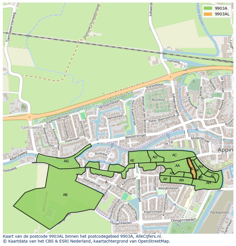 Afbeelding van het postcodegebied 9903 AL op de kaart.