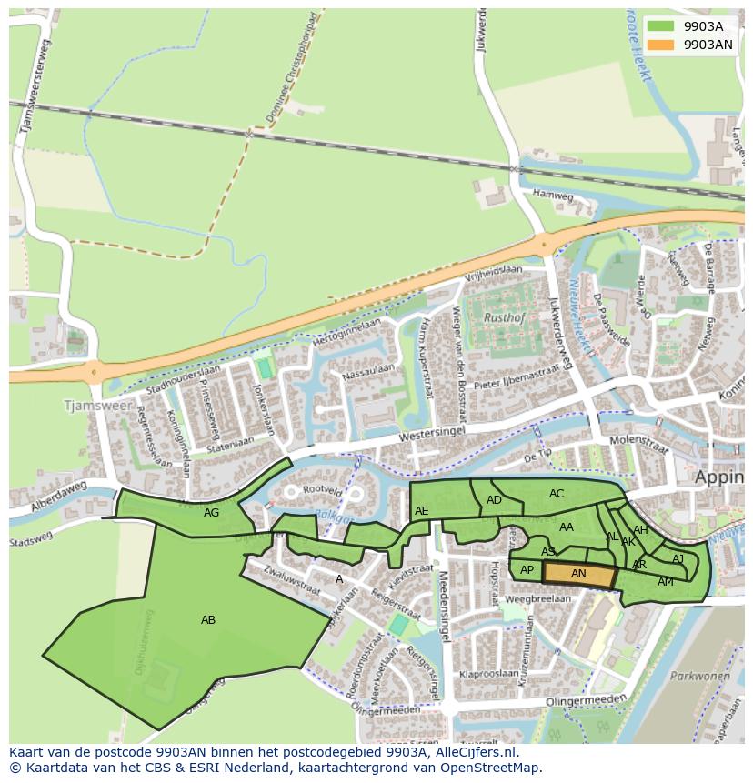 Afbeelding van het postcodegebied 9903 AN op de kaart.