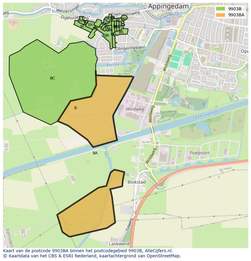 Afbeelding van het postcodegebied 9903 BA op de kaart.