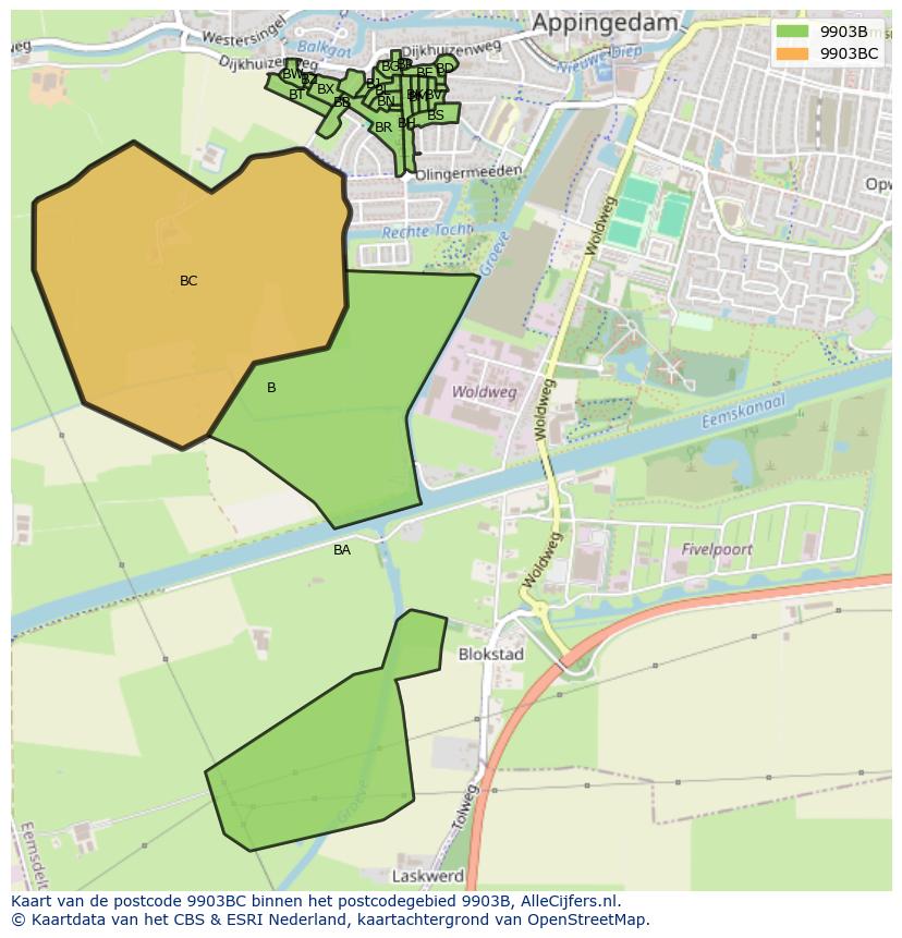Afbeelding van het postcodegebied 9903 BC op de kaart.