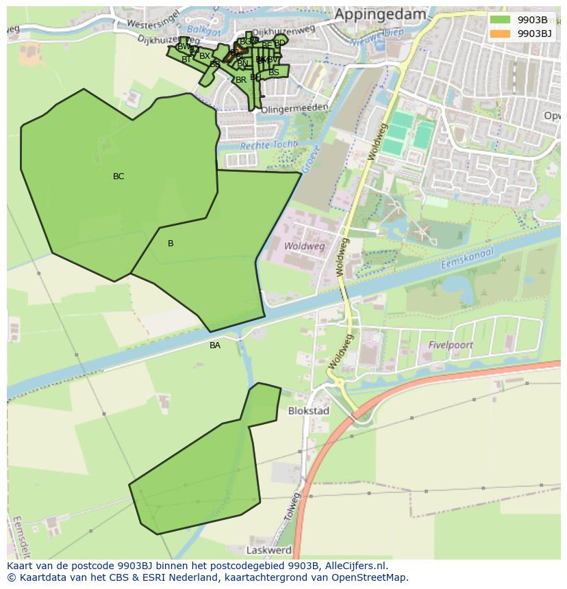 Afbeelding van het postcodegebied 9903 BJ op de kaart.