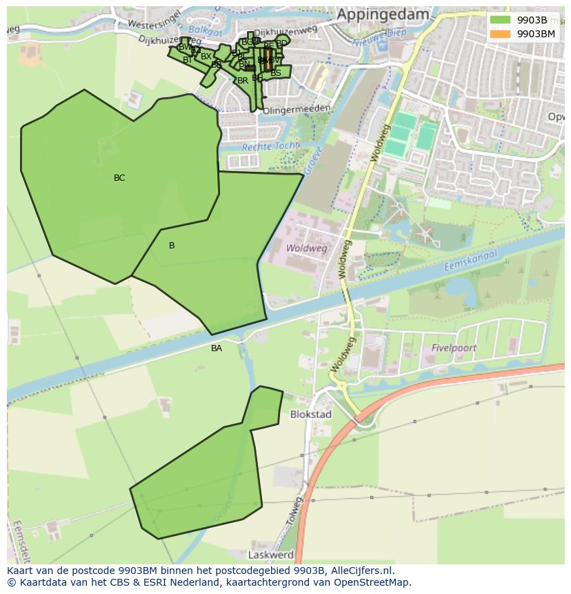 Afbeelding van het postcodegebied 9903 BM op de kaart.