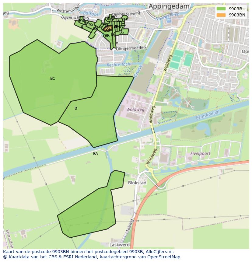 Afbeelding van het postcodegebied 9903 BN op de kaart.