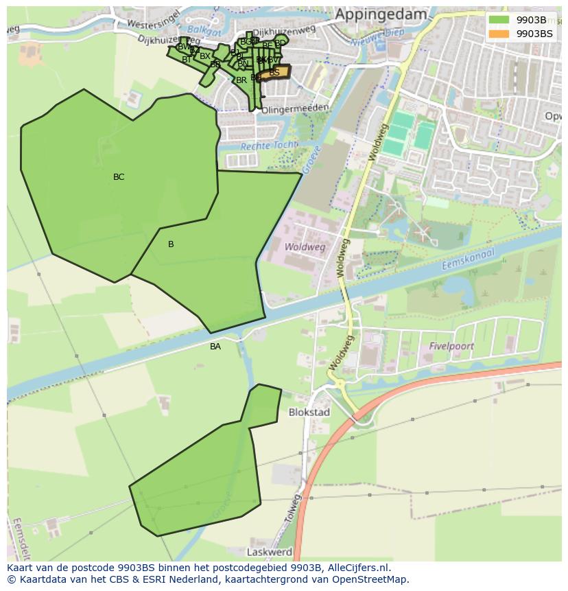 Afbeelding van het postcodegebied 9903 BS op de kaart.