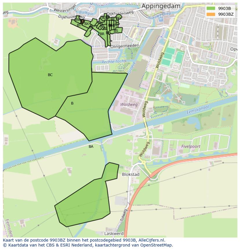 Afbeelding van het postcodegebied 9903 BZ op de kaart.