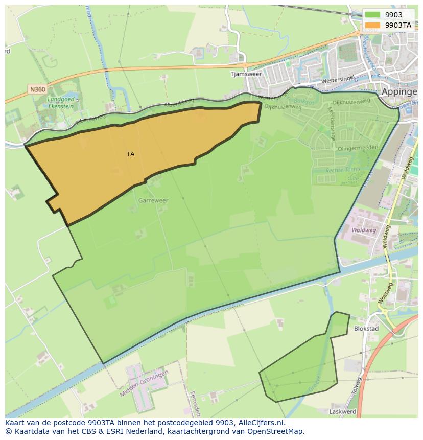 Afbeelding van het postcodegebied 9903 TA op de kaart.