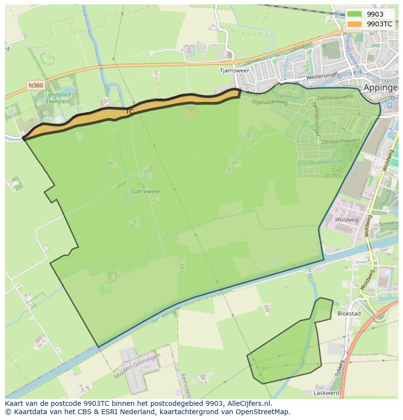 Afbeelding van het postcodegebied 9903 TC op de kaart.