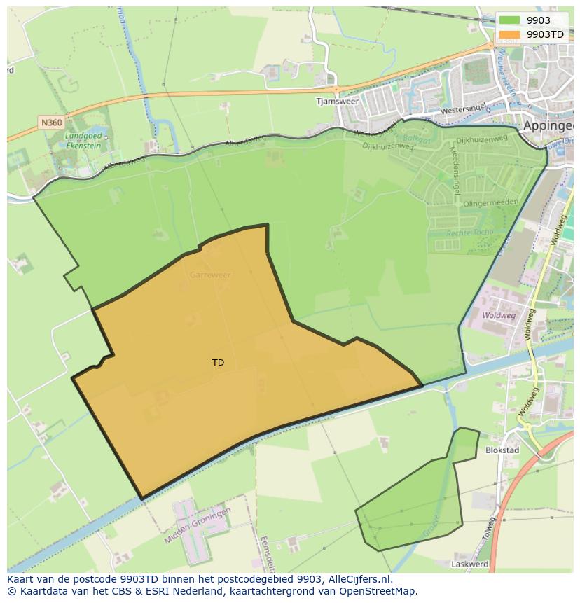 Afbeelding van het postcodegebied 9903 TD op de kaart.