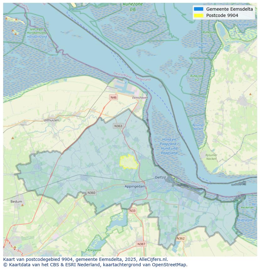 Afbeelding van het postcodegebied 9904 op de kaart.