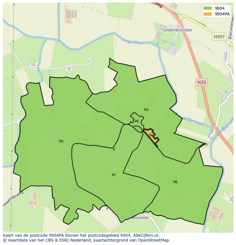 Afbeelding van het postcodegebied 9904 PA op de kaart.
