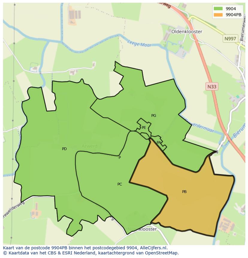 Afbeelding van het postcodegebied 9904 PB op de kaart.