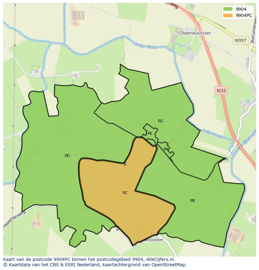 Afbeelding van het postcodegebied 9904 PC op de kaart.