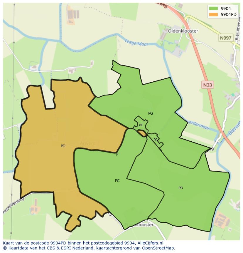 Afbeelding van het postcodegebied 9904 PD op de kaart.