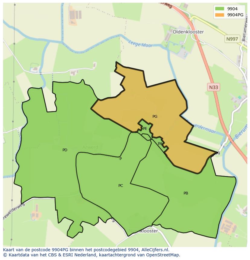 Afbeelding van het postcodegebied 9904 PG op de kaart.