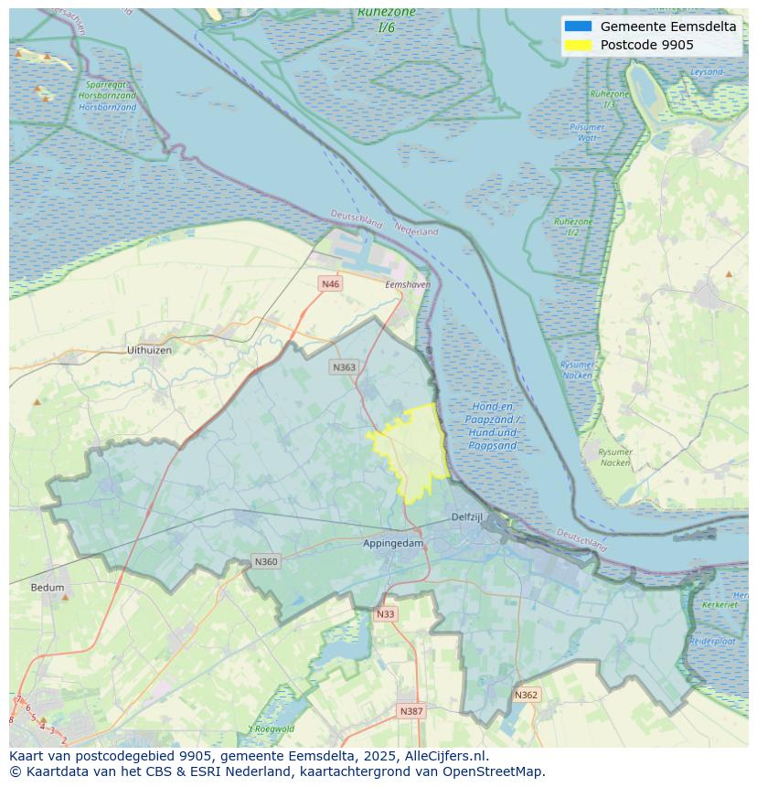Afbeelding van het postcodegebied 9905 op de kaart.